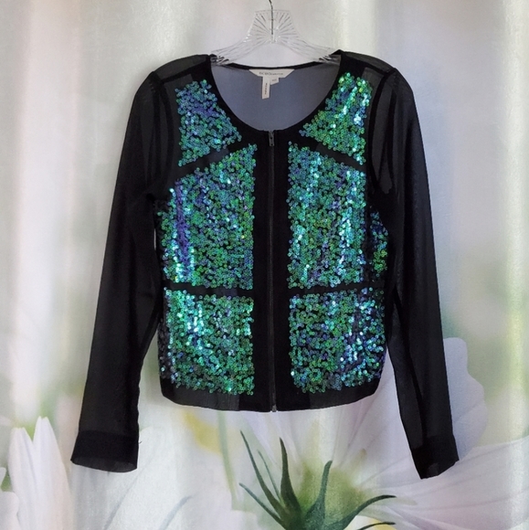 BCBG Mermaid Sequin Sheer Zip Front Bomber Jacket - Picture 5 of 9